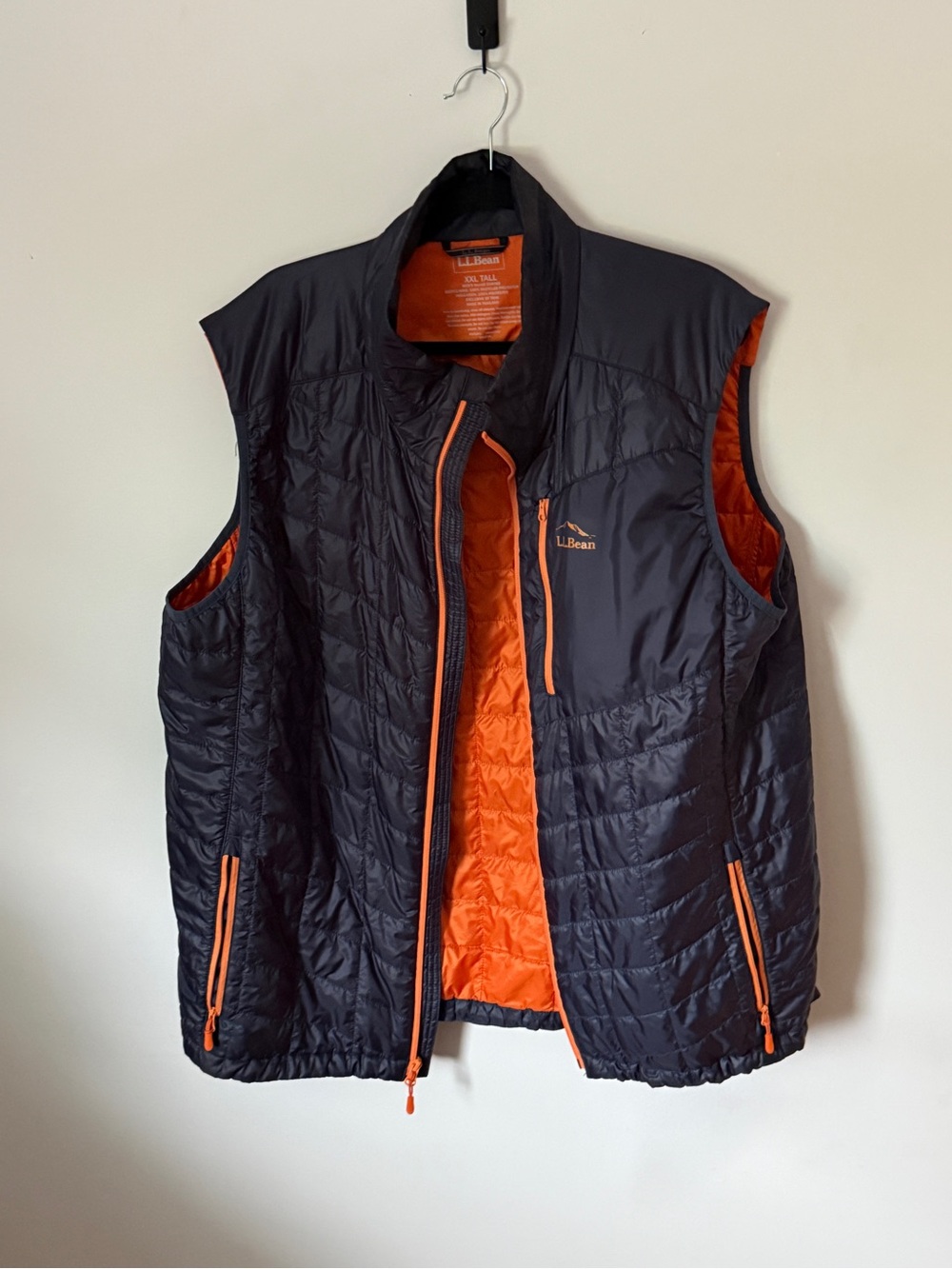 L.L. Bean Black Quilted Vest with Bright Orange Interior and Zippers